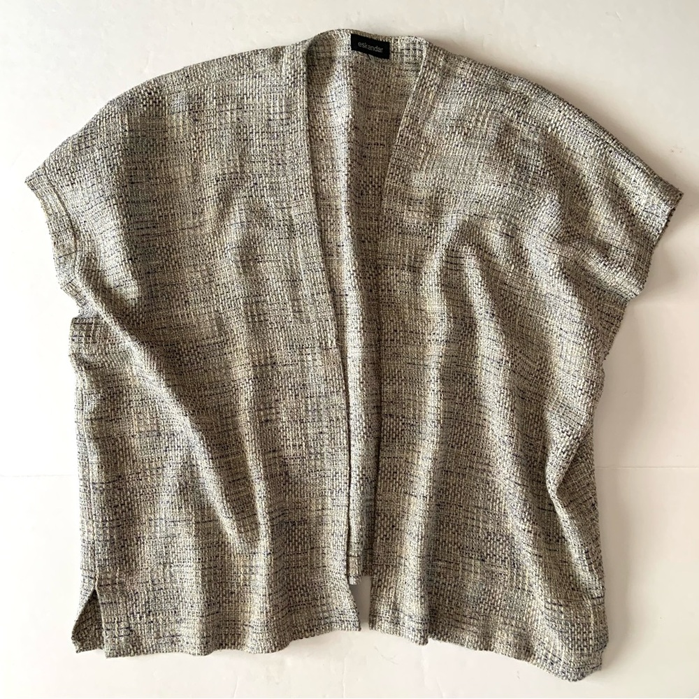Eskandar Tabard Woven Jacket Size 1 Gold Blue Textured Tweed Style Open Cotton